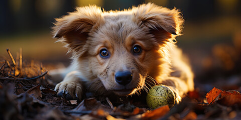 Canvas Print - A cute puppy of a golden labrador who plays merrily with the ball, as if the embodiment of care