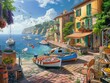 A small town with a beach and a harbor. There are several boats docked in the harbor, including a couple of small fishing boats. The scene is peaceful and serene, with the water