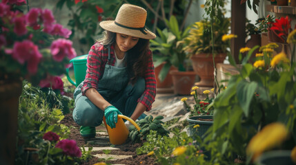 Canvas Print - A woman in an apron and gloves holds a watering can among lush garden plants.