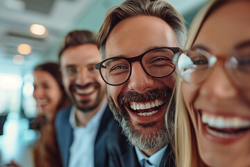 Caucasian business man and woman are laughing and talking together in the office.