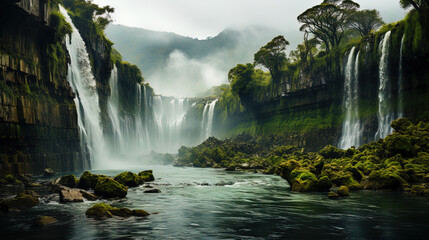 Poster - A stunning waterfall, shrouded in a light fog, like a goddess of nature, covering itself with a