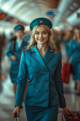 Wall Mural - Group of Caucasian female stewardesses in uniform dragging suitcases in the airport.