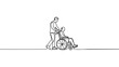Man carries a disabled in a wheelchair continuous one line vector drawing. Caregiver carry Wheelchair with a man. People medical Long Term Care Concept. Minimalistic Vector Illustration.