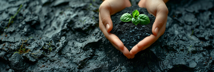 A woman's hand holds a young green plant preparing to plant on the ground, for the concept of world environment day.