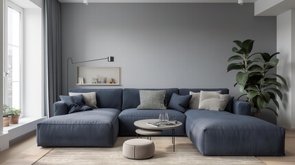 Wall Mural - Studio apartment with a spacious living room featuring a dark blue couch as the focal point.