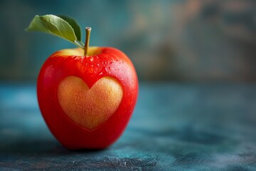 Wall Mural - Fresh red apple with a heart shape carved out of it, set against a color background.