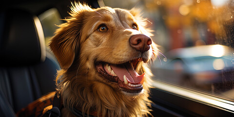 Canvas Print - The golden labrador sitting in the back seat of the car and peering out the window with interest,