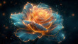 Golden glowing rose flower with transparent petals. Beautiful magical flower on a dark background with shimmering star dust particles. Generative AI