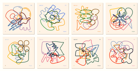 Aufkleber - Set of compositions from contours various unusual figures drawn hand with multiplying effect, Сollage of сurve silhouettes minimal childish bizarre abstract playful geometric shapes, wall art set 2