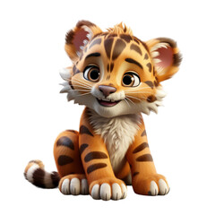 Wall Mural - 3d cartoon character cute baby tiger isolated on transparent background, generative ai