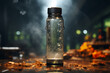 Aitya water bottle transparent thermos mockup on dark background with fog