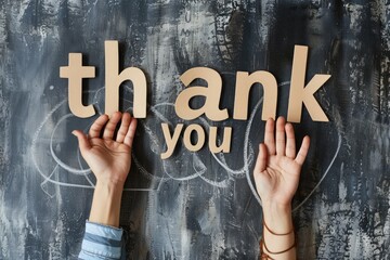 Wall Mural - Thank you text sign on the chalkboard with hands