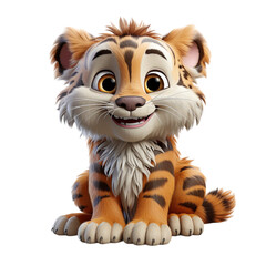 Wall Mural - 3d cartoon character cute baby tiger isolated on transparent background, generative ai