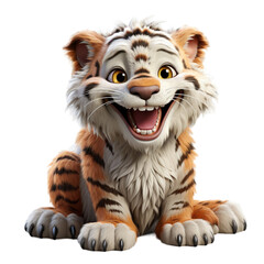 Wall Mural - 3d cartoon character cute baby tiger isolated on transparent background, generative ai