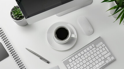 Poster - A minimalist desk setup with a coffee cup, plant, and computer accessories.