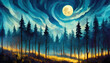 Oil painting of spooky forest with full moon and blue sky. Wild nature. Dark night. Hand drawn art.