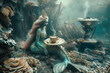A surreal underwater world where mermaids serve cups of coffee brewed from underwater volcanic vents. A mermaid enjoys tea at a table underwater, a scene of environmental art