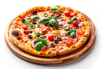 Wall Mural - Fresh pizza with black olives, cheese and tomatoes served on wooden plate isolated on white