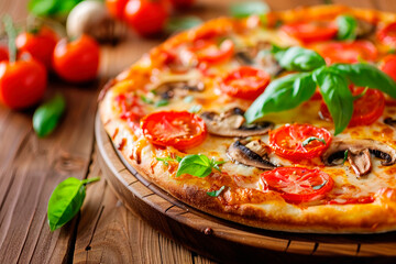 Wall Mural - Fresh pizza with mushroom , cheese and tomatoes served on wooden plate on wooden table