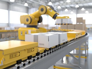Wall Mural - A yellow robot is moving boxes along a conveyor belt. The boxes are white and have barcodes on them. The robot is in a factory setting, surrounded by other machines and equipment