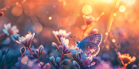 Wall Mural - Beautiful wild flowers and butterfly in nature summer close-up macro. Delightful airy artistic image beauty summer nature.