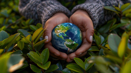 Wall Mural - Hands cradle a small globe amidst lush green leaves.