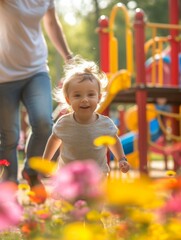 Sticker - A little girl walking through a field of flowers with her mother. Generative AI.