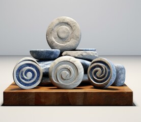 Poster - A group of several different types of rocks and bowls on a wooden stand. Generative AI.