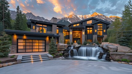 Wall Mural - A beautiful home with a waterfall and mountain view. Generative AI.