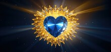 A Blue Heart Shaped Diamond Surrounded By Gold And Diamonds. Generative AI.