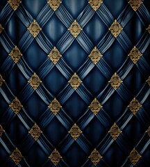 Poster - A blue and gold patterned fabric with a golden border. Generative AI.