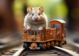 Poster - A hamster riding on a toy train with its mouth open. Generative AI.