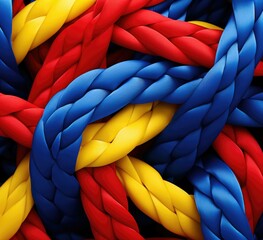 Poster - A close up of a pile of colorful rope with different colors. Generative AI.