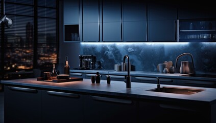 Canvas Print - A kitchen with a sink and counter top in the dark. Generative AI.