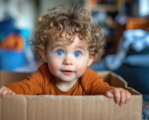 Canvas Print - A little boy with blue eyes sitting in a cardboard box. Generative AI.