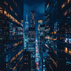 Wall Mural - A view of a city at night with lights shining through the buildings. Generative AI.