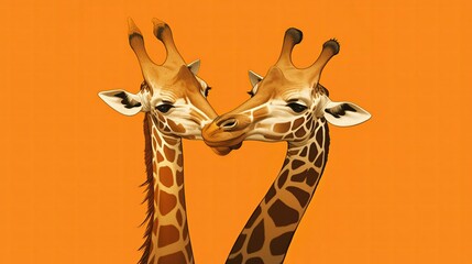 Giraffes in a comical embrace, their long necks twisted together, against a minimalist orange background