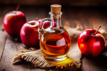 Wall Mural - A bottle of apple cider sits on a table with several apples.