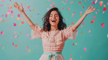 Canvas Print - A jubilant woman with her arms raised in a sea of colorful confetti.