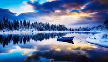 Sunrise Over A Lake, Sunset Over Forest, A Boat On Water, Winter Landscape, Wall Art For Home Decor, Wallpaper And Background For Mobile Cell Phone, Smartphone, Cellphone, Desktop, Laptop, Computer