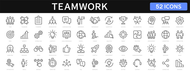 Poster - Teamwork and business people thin line icons set. Teamwork editable stroke icon collection. Team, collaboration icons. Vector illustration
