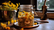 A jar filled with yellow and white flowers sits on a table next to a book.