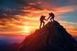 A couple of people standing proudly on the summit of a towering mountain, overlooking the vast landscape, A grip of friendship as a hiker helps another reach the summit, AI Generated