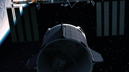 Wall Mural - private spacecraft is about to dock with the international space station. 3d animation. 4k.