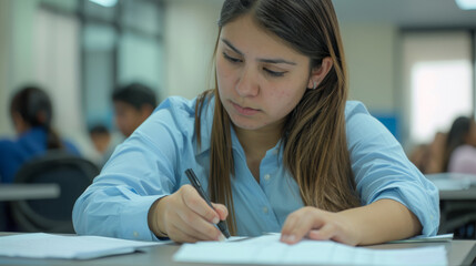 Wall Mural - student is writing an exam in a classroom setting.