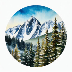 Wall Mural - Watercolor painting of snowy mountain peaks with pine forest, composition in circle isolated on white.