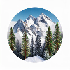 Wall Mural - Watercolor painting of snowy mountain peaks with pine forest, composition in circle isolated on white.