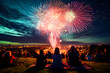 A spectacular fireworks display illuminates the sky, casting a vibrant spectacle against the twilight backdrop, silhouetted figures gather atop a grassy hill, their faces upturned in awe and delight