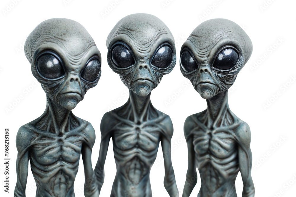 3 Alien life forms, the Greys, isolated on a transparent background ...