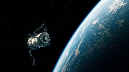 Wall Mural - spacecraft deploys solar panels while in earth orbit. 3d animation. 4k.